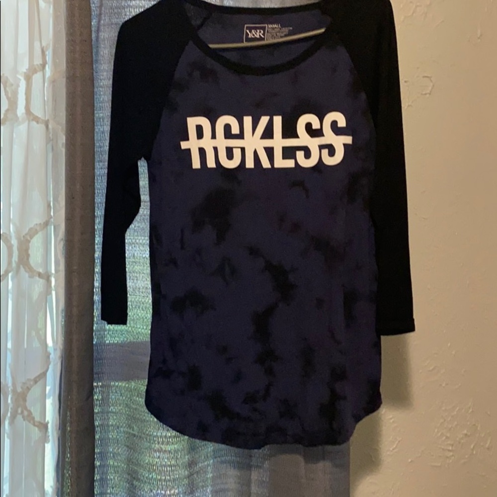 Blue and black crew neck top